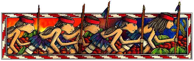 En esta imagen con el mismo paisaje colorido van cinco indígenas, llevan sus lanzas, van atravesando el desierto, van caminando bajo un intenso sol.