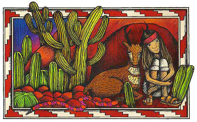 En este dibujo el pápago y el berrendo están dentro de una cueva, protegiéndose del sol. El indígena decidió quedarse a vivir con el berrendo.